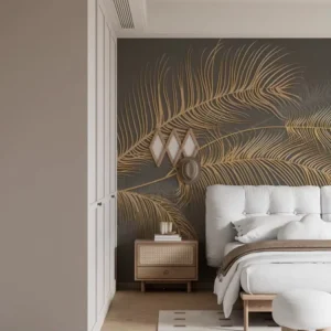 Dark Background Gold Palm Peel and Stick Mural Custom Size Art Deco Botanical Wall Art for Accent Walls Dressing Room
