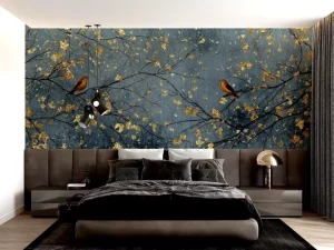 Dark Blue and Gold Bird Branch Wallpaper Metallic Detail Mural for Home Hotel Living Room Interior Wall Decor