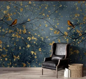Dark Blue and Gold Bird Tree Wallpaper Mural for Hotel Living Room Bedroom Interior Wall Decor with Metallic Leaf
