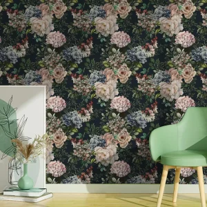 Dark Floral Vintage Self adhesive Wallpaper Botanical Wallpaper Peel and Stick Flower Wallpaper