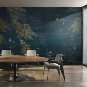 Dark Green Bamboo Crane Pattern Wall Paper Gold New Chinese Style Design for Hotel Dining Room Living Room Interior Home Decor