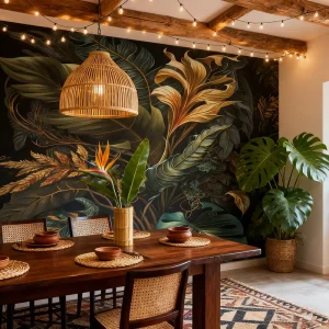 Dark Green Modern Silk Floral Banana Leaf Mural Wallpaper for Bedroom Living Room Bathroom Household Use