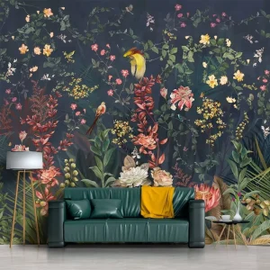 Dark Retro Chinese Flower and Bird Antique TV Background Wallpaper Waterproof