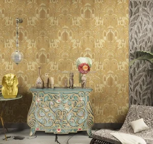 Delicate Elephant Palace Coconut Palm Print Feature Southeast Asian Style PVC Wallpaper Decor