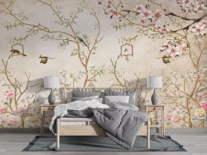 Delicate Vintage Blossom Tree Wallpaper Mural Customizable Bird and Floral Print Wall Decor for Modern Bedroom Living Room
