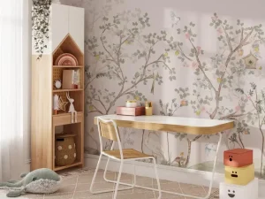 Delicate Watercolor Forest Mural Gentle Pastel Tones with Birds and Blossoms for Nursery Kids Bedroom Self Adhesive Wall Paper