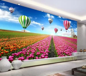 Dreamy Flower Field Bedroom Wallpaper 3D Home Decoration Hot Air Balloon & Castle Wall Mural