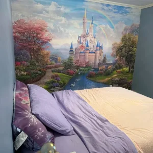 Dreamy Rainbow Princess Castle Mural Enchanted Fairytale Wall Decor for Girls Bedroom Nursery Playroom Self Adhesive Wall Paper