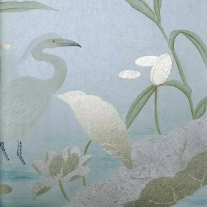 Dynamic Crane Lotus Chinese Style Luxury Gilded Hand made Oriental Wallpaper