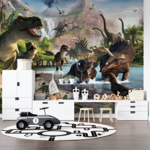 Dynamic Dinosaur Adventure Peel and Stick Mural Custom Size Prehistoric Scene Wall Art for Kids Playroom Classroom Self Adhesive