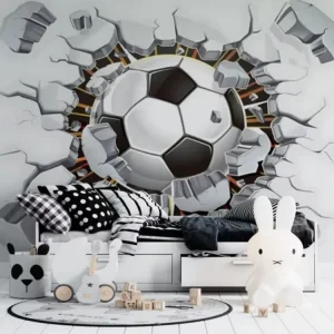 Dynamic Football Break Through Wall Self Adhesive Mural Custom Kids Room Sports Wallpaper for Playroom Boyroom Easy Install