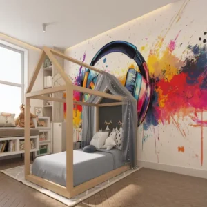 Dynamic Music Graffiti Non-Woven Mural Custom Size Colorful Headphones Wall Art for Man Cave Music Bar Fire Resistant