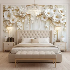 Easy DIY Install Eco-Friendly Waterproof Soundproof Home Bedroom Living Room Decoration Marble Texture 3D White Flowers Paper