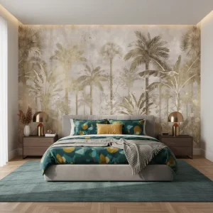 Eco-Friendly Embossed Gold Bird Palm Tree Tropical Rainforest Wallpaper for Living Room
