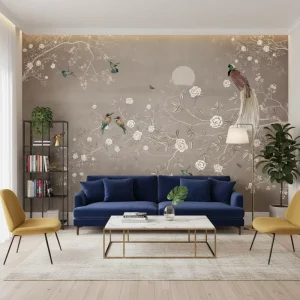 Eco-Friendly Embossed Waterproof Modern Chinoiserie Bird Flower Branches Mural Wallpaper for Living Room