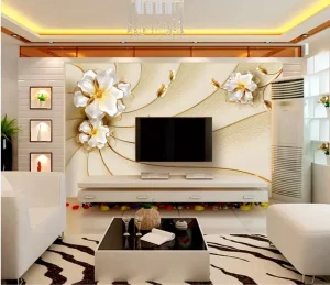 Elegant 3D Floral & Gold Lined Wallpaper Mural for Sophisticated Interiors Wallpaper Rolls