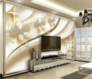 Elegant 3D Pearl & Diamond Floral Wallpaper Mural Home Decoration with Champagne Gold Waves Custom Wallpaper