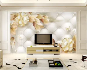 Elegant 3D Pearl Embellished Floral Wallpaper Luxury Interiors Wall Mural Home Decor Wall Panels