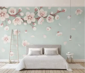 Elegant Cherry Blossom Floral Wall Decor Decorative New Material with Light Mint Green Luxury Wallpaper