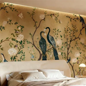 Elegant Vintage Bird Peony Pattern Silk Paper Wallpaper Mural for Bedroom Hotel Living Room Luxury Interior Wall Decor Gold