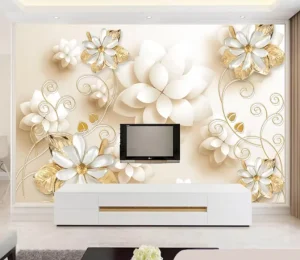 Elegant White Flower and Gold Vine Floral Mural Self Adhesive Wallpaper for Serene Spaces Wall Panels
