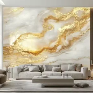 Elegant White & Gold Marble Mural Wallpaper Peel and Stick Installation Waterproof for Luxurious Bedroom Wall Decor