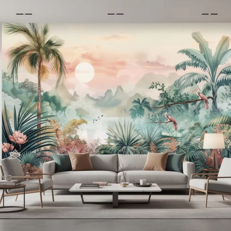 Embossed Vinyl Peel and Stick Sun Mountain Jungle Lake Birds Tropical Rainforest Scenery Mural