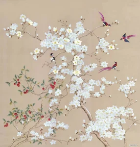 Embroidery Wallpaper Custom White Magnolia Long Tail Colorful Bird Red Berry Floral Chinoiserie Wallpaper for Luxury Villa Home