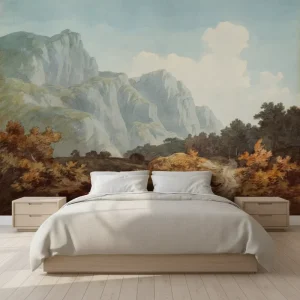 European Art Scenery 3D Waterproof Wall Mural Blue Sky White Cloud Mountain Forest Plain Road Natural Landscape for Living Room