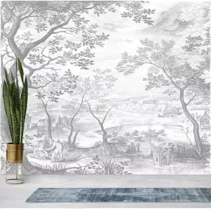 European Decor Custom Vintage Etching Style Landscape Wallpaper Grey Forest & Village Design for Living Room Bedroom Wall Decor