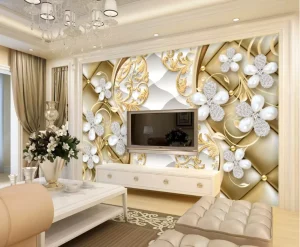 European Luxury 3D Dining Room Wallpaper Easy Installation Pearl & Gold Floral Wall Mural Made of PVC for Workshops