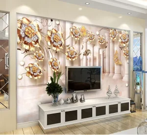 European Luxury Minimalist 3D Gold Floral & Roman Column Wallpaper Panel Wall Mural