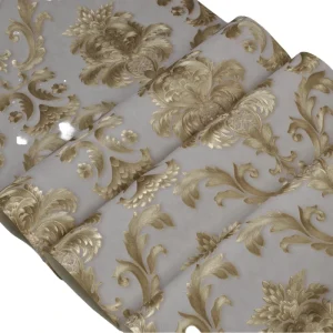 European Self-adhesive Carved Embossed Wallpaper Modern Living Room Golden Damascus Vertical Bar Design Floral PVC Entertainment