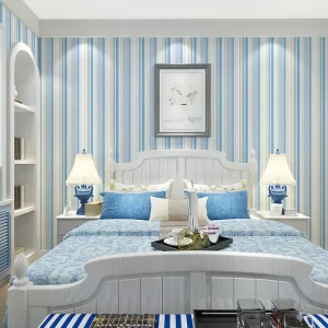 European Striped Little Bear Sailboat 3D Wallpaper for Kids Moisture Proof Blue Kids’ Room Wallpaper for Household Entertainment