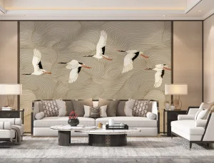 European Style Large 3D Golden Cranes Textured Wallpaper Waterproof Wall Mural for Living Room Hotel Interior Design