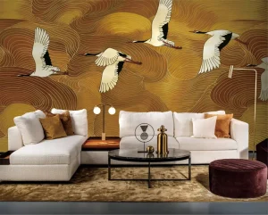 European Style Large 3D Golden Cranes Textured Wallpaper Waterproof Wall Mural for Living Room Hotel Interior Design