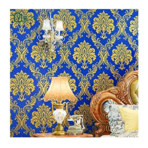 European Style Modern 3D Embossed Suede Blue Damask Wall Paper Non-Woven Wallpaper Rolls Bedroom TV Background Restaurant Decor