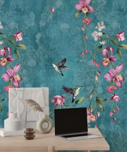 Exotic Teal Floral Hummingbird Wallpaper Mural Tropical Botanical Bird Accent Wall Decor Removable Bedroom Living Room Office