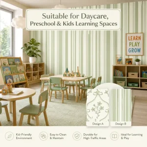Factory Custom Sage Green Modern Floral Stripe Waterproof Peel Stick Canvas Wallpaper Matte PVC for Bedroom Bathroom Daycare