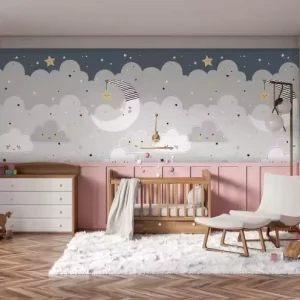 Favorite Stars Moon White Clouds Kid’s Wall Arts Water Based Ink Papier Peint Mural for Baby Boy Girl Wallpaper for Bedroom