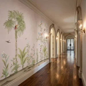 Floral Wallpaper Classic Chinoiserie Blush Pink Tropical Palm Toucan & Blossom Tree Mural for Dining Hotel Background Decoration