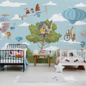 Forest Children and Animal Landscape 3D Mural Wallpaper Sticker Waterproof Anti Static Moisture Proof for Babies and Kids