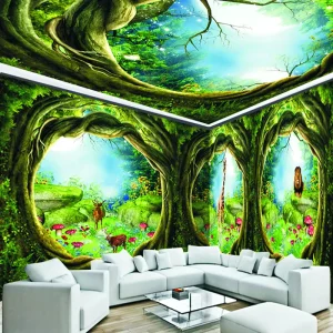 Forest Jungle Wall Mural Green Tree Hole Jungle Animals Theme Waterproof Paper Wall Sticker for Kids Bedroom Decor