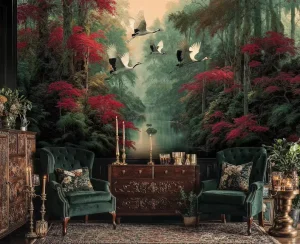 Forest with Red Maple and Flying Cranes Wallpaper Mural Custom Size Dark Luxurious Botanical Landscape Wall Decor Living Room