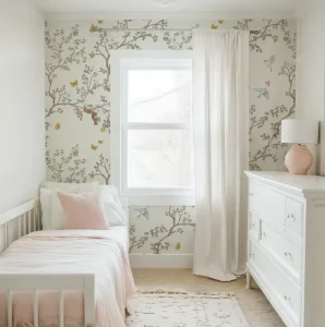 Gentle Botanical Forest Wallpaper Mural Pastel Blue Woodland Scene with Birds Blossoms and Crane Kids Nursery Bedroom Removable