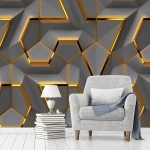 Geometric Abstract 3D Effect Wallpaper with Gold Gray Irregular Pattern Mural