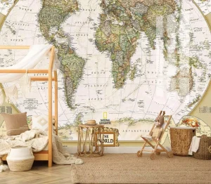 Geometric Modern World Map Wallpaper Mural for Nursery Kids Room Bedroom Living Room Household Use