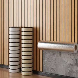 Geometric Wood Grid Self-Adhesive Waterproof Wallpaper for Living Room and Kitchen