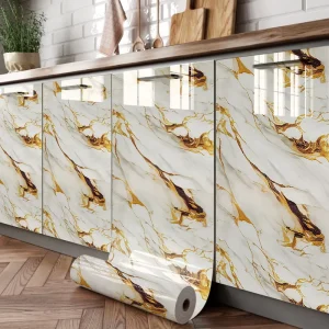 Gilt Marble Effect Self Adhesive Waterproof and Oil Proof Film Perfect for Kitchen Bathroom Decorative Wallpaper Protective Film