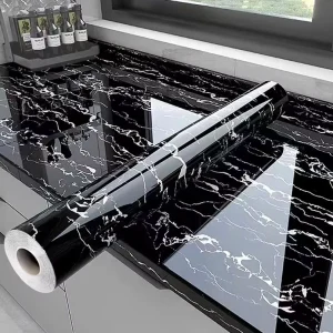 Glossy Black Marble Sticker Self Adhesive Waterproof 3D Kitchen Oil Proof Wallpaper Peel and Stick for Home